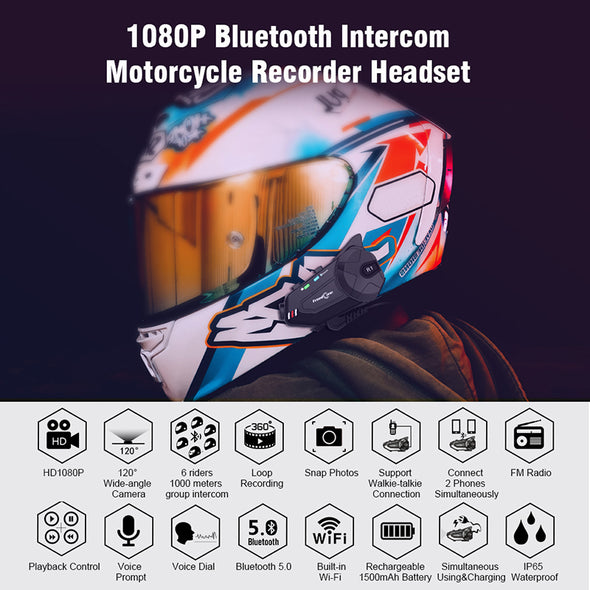 Fone de ouvido de intercomunicação de grupo de gravador de WiFi Bluetooth para motocicletas R1 PIUS